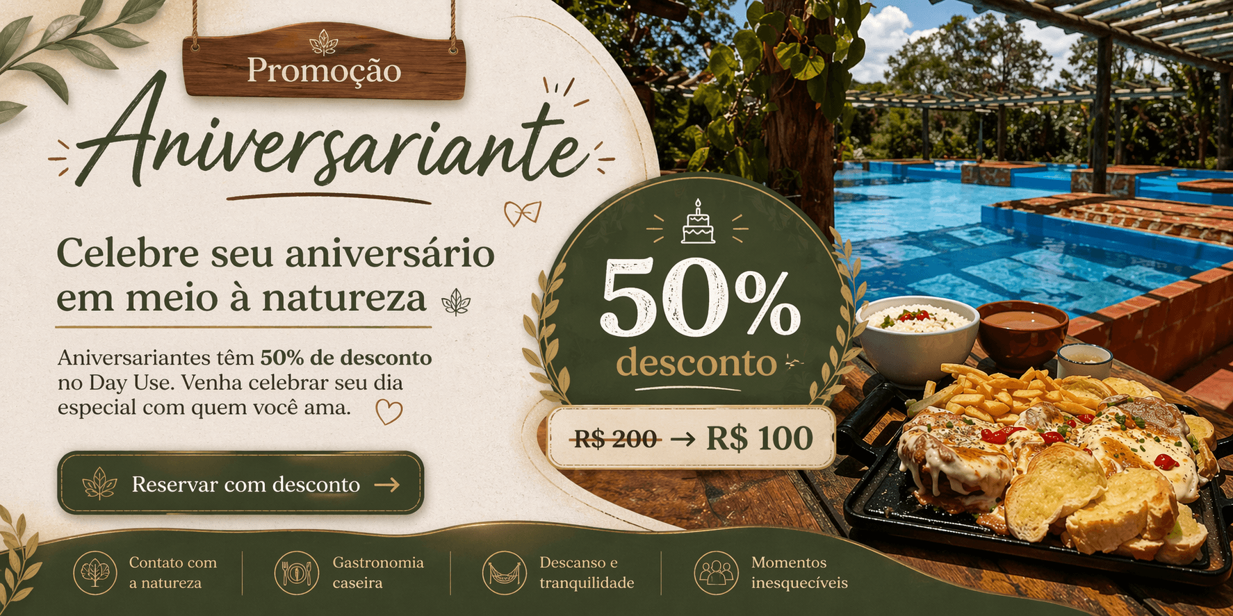 Promoção Aniversariante — Celebre seu aniversário em meio à natureza com 50% de desconto no Day Use